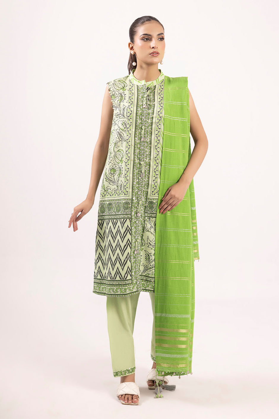 3 Piece Printed Lurex Jacquard Suit with Stripe Dupatta