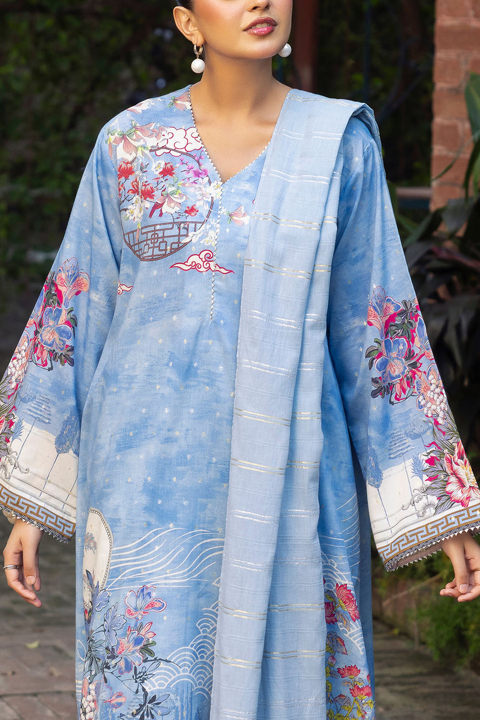 3 Piece Printed Lurex Jacquard Suit with Stripe Dupatta SP-52094
