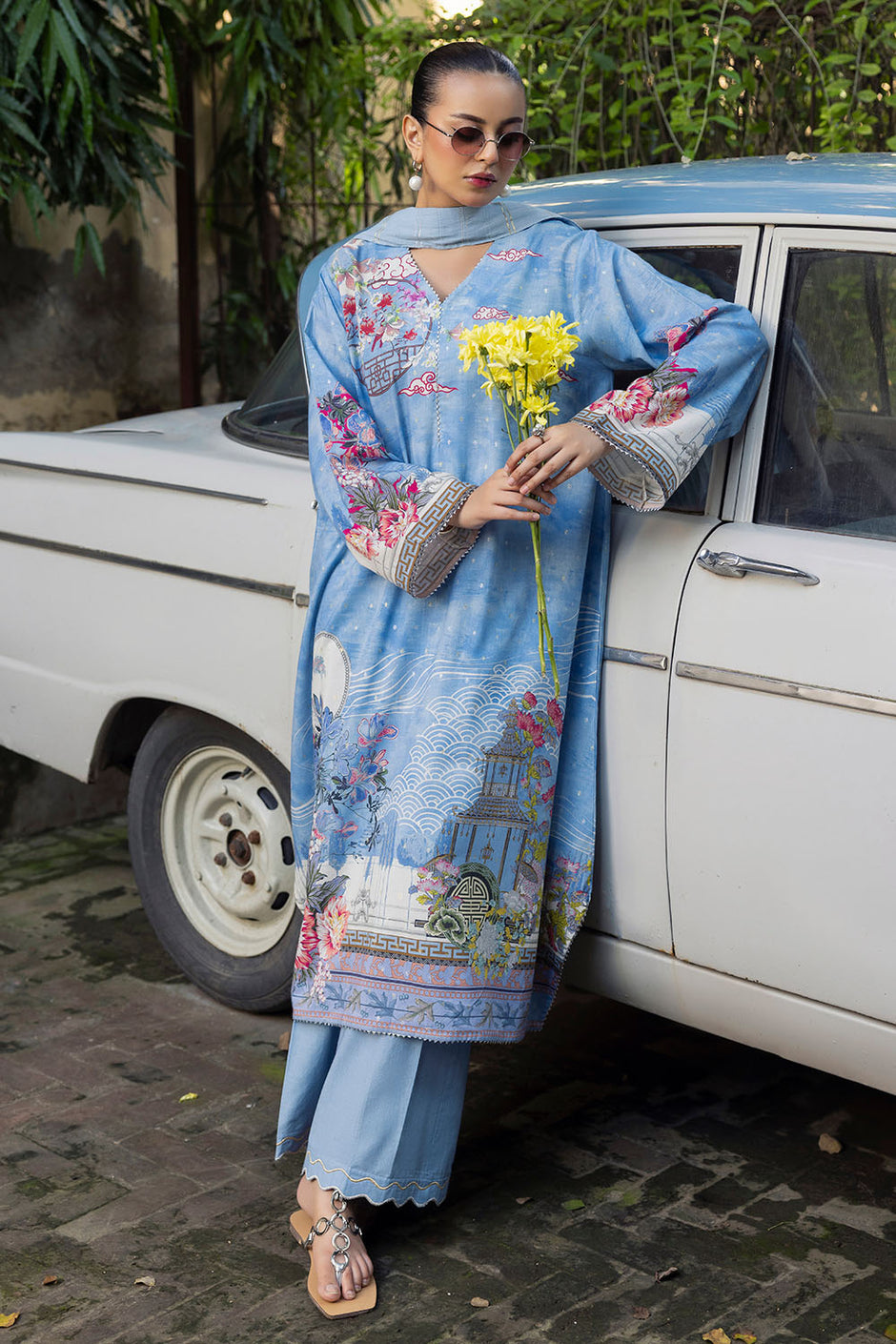 3 Piece Printed Lurex Jacquard Suit with Stripe Dupatta