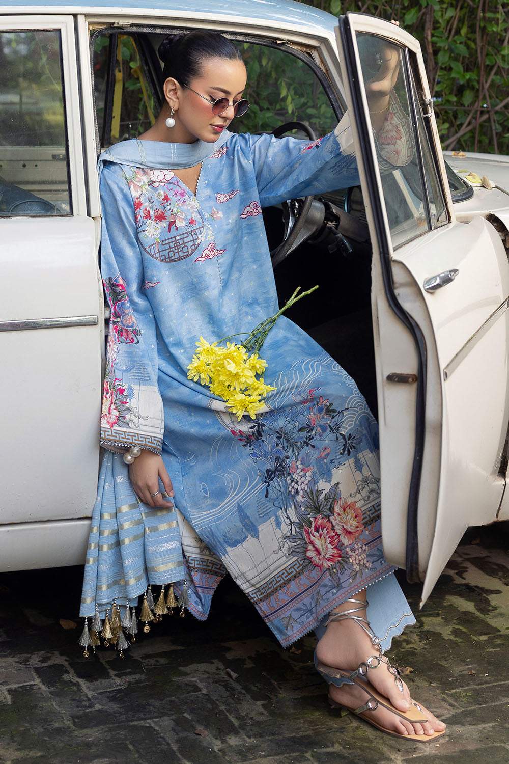 3 Piece Printed Lurex Jacquard Suit with Stripe Dupatta