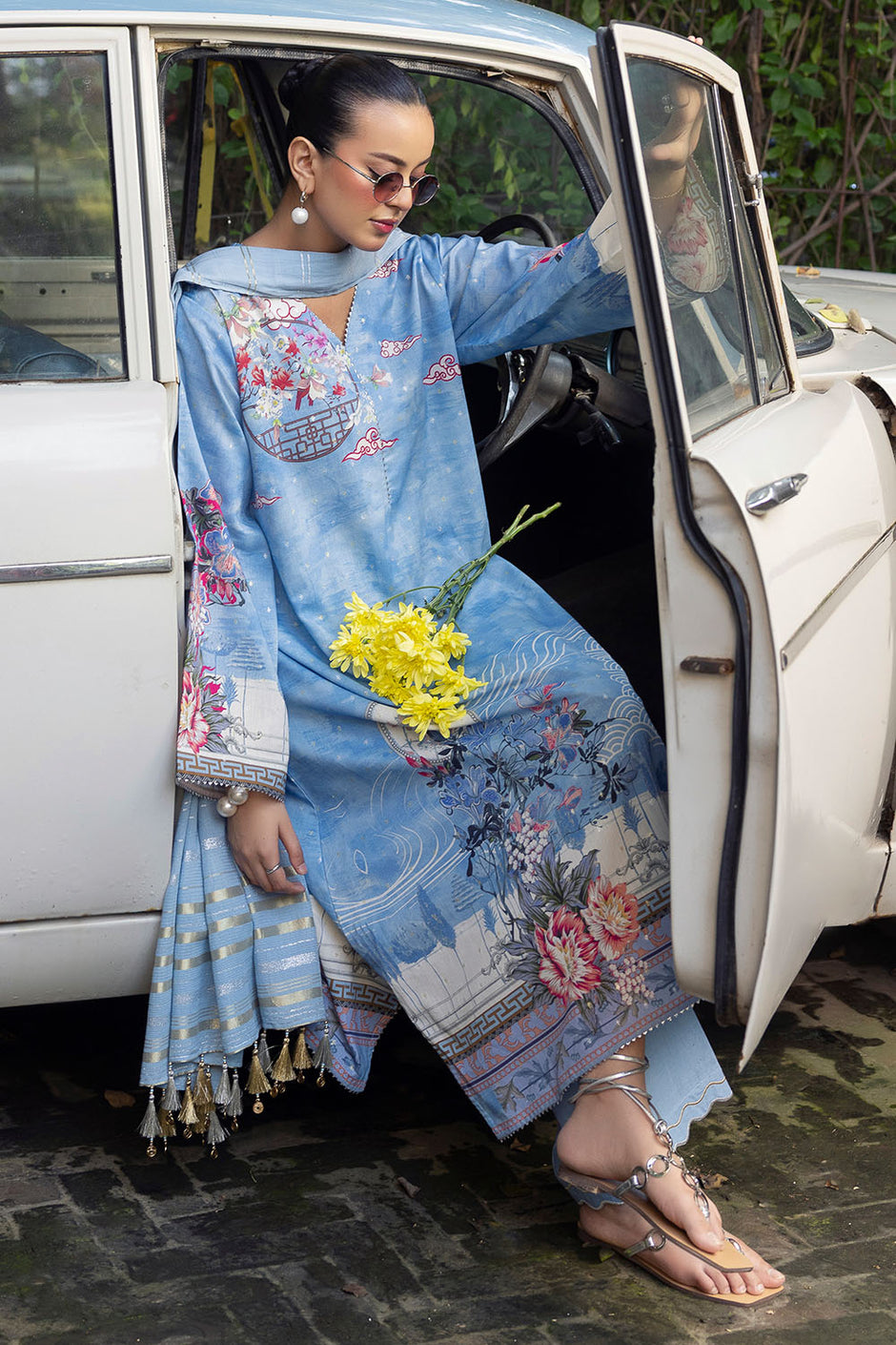 3 Piece Printed Lurex Jacquard Suit with Stripe Dupatta