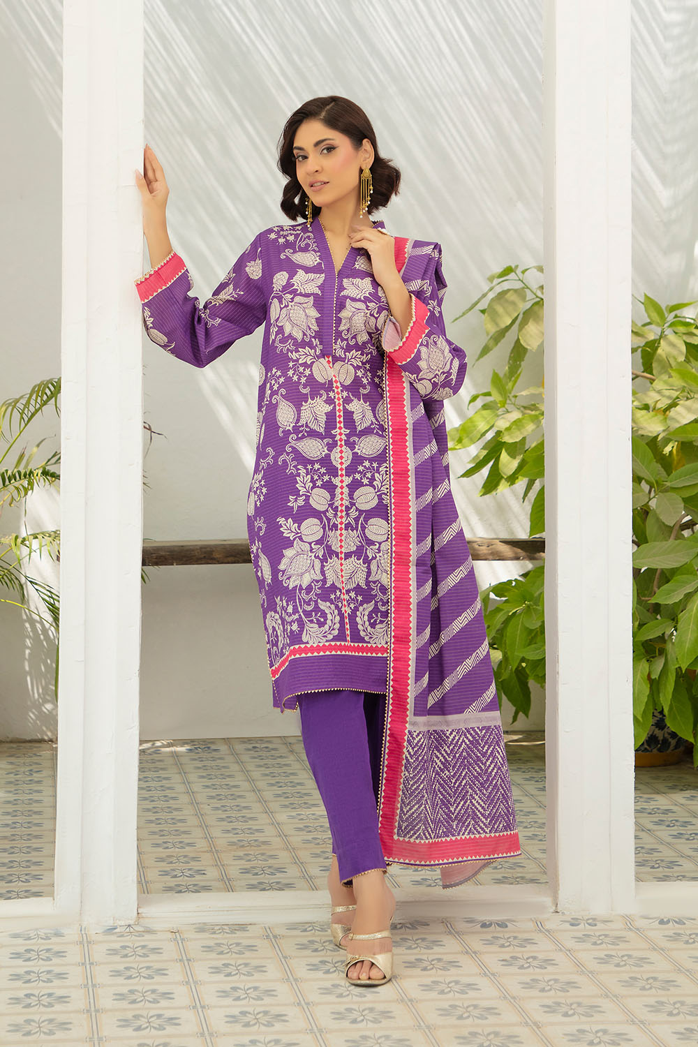 3 Piece Printed Stripe Khaddar Suit with Dupatta