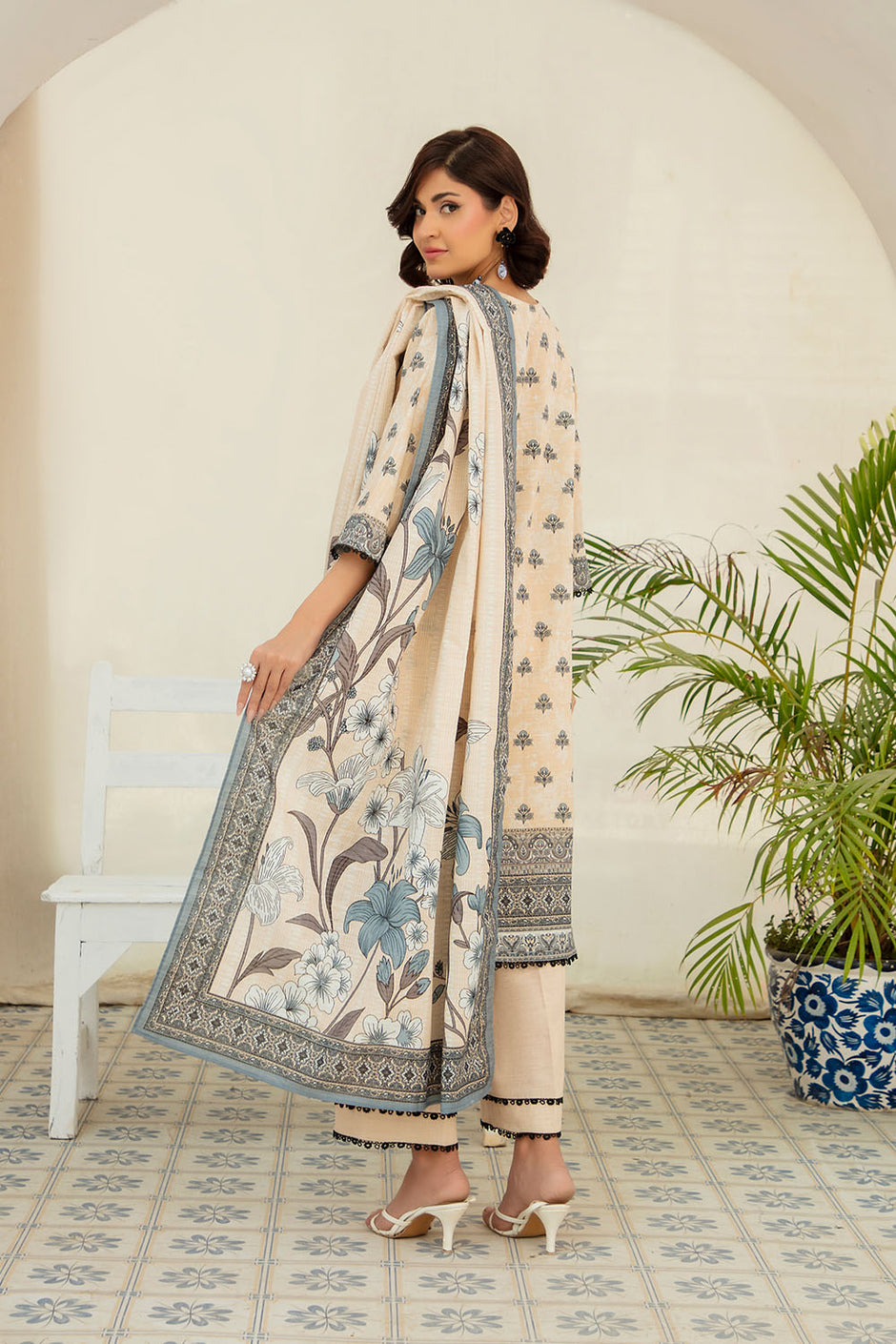 3 Piece Printed Stripe Khaddar Suit with Dupatta