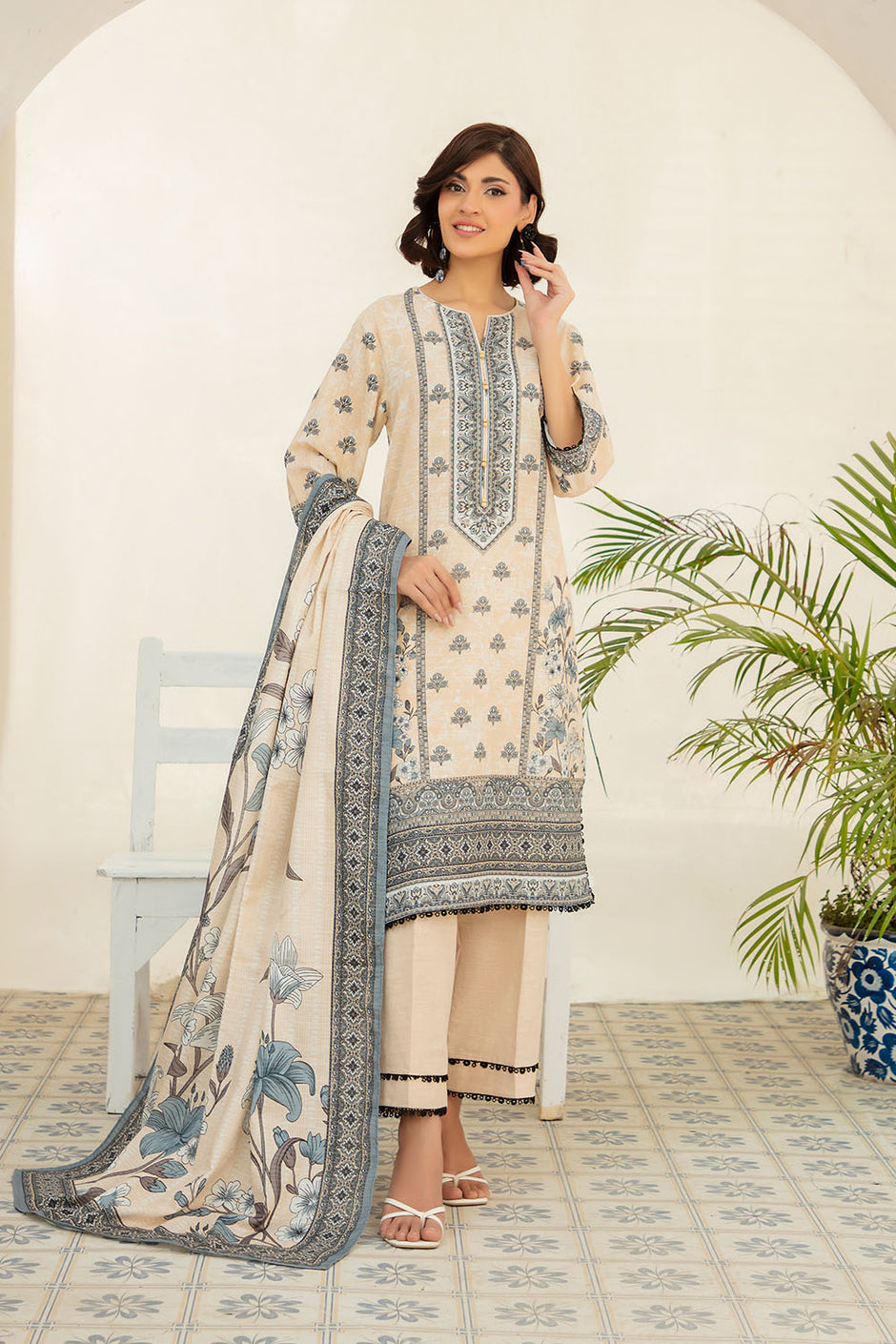 3 Piece Printed Stripe Khaddar Suit with Dupatta