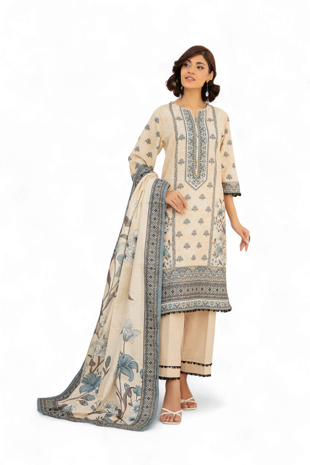3 Piece Printed Stripe Khaddar Suit with Dupatta SD-52192