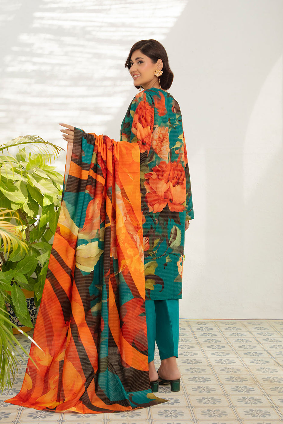 3 Piece Printed Stripe Khaddar Suit with Dupatta