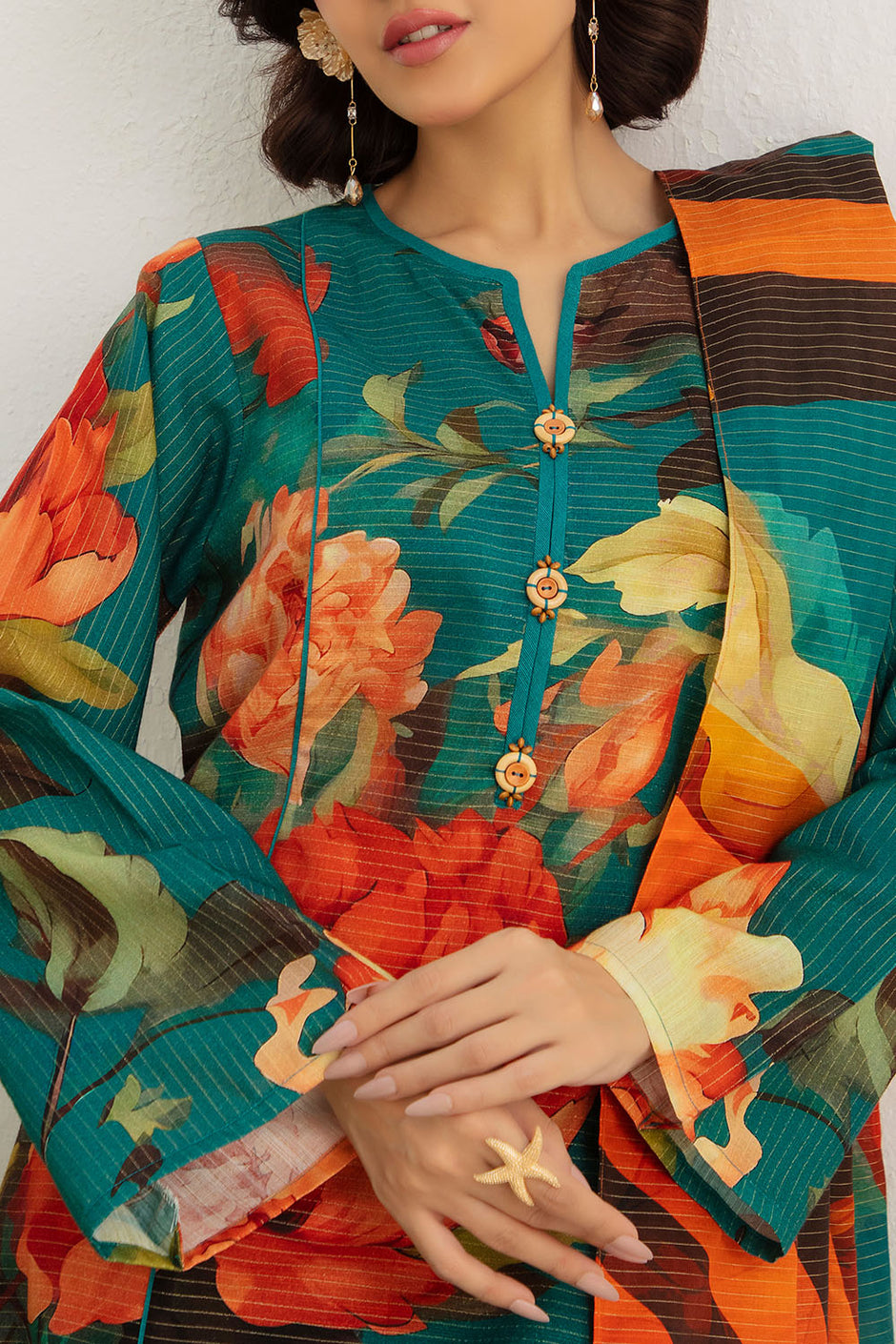 3 Piece Printed Stripe Khaddar Suit with Dupatta SD-52193