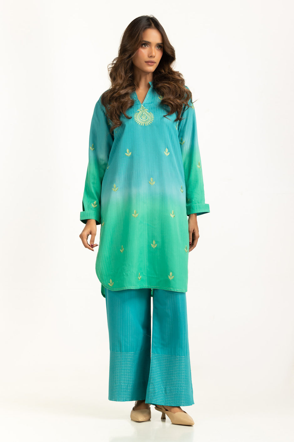 Textured Dobby Printed With Embroidered Co-Ord Set
