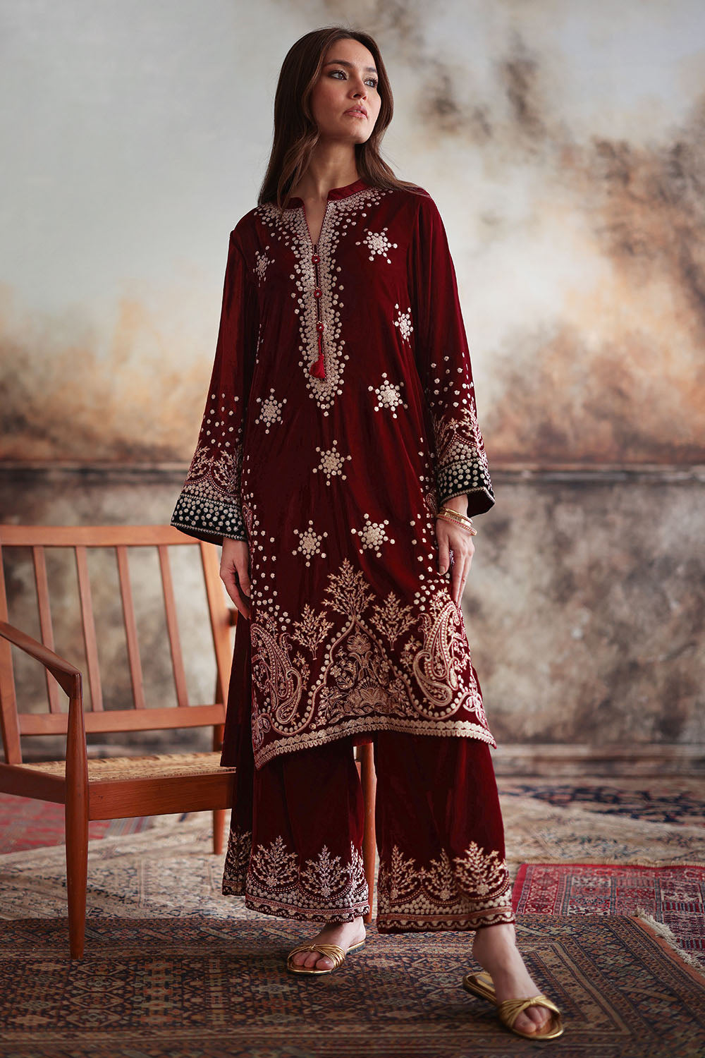 Velvet Embroidered Shirt And Trouser