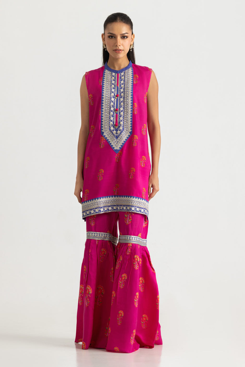 Viscose Raw Silk Printed Shirt And Gharara With Embroidered