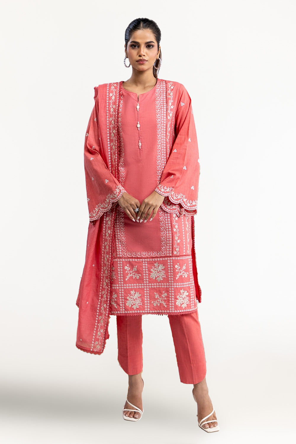 3 Piece Embroidered Cross Slub Suit