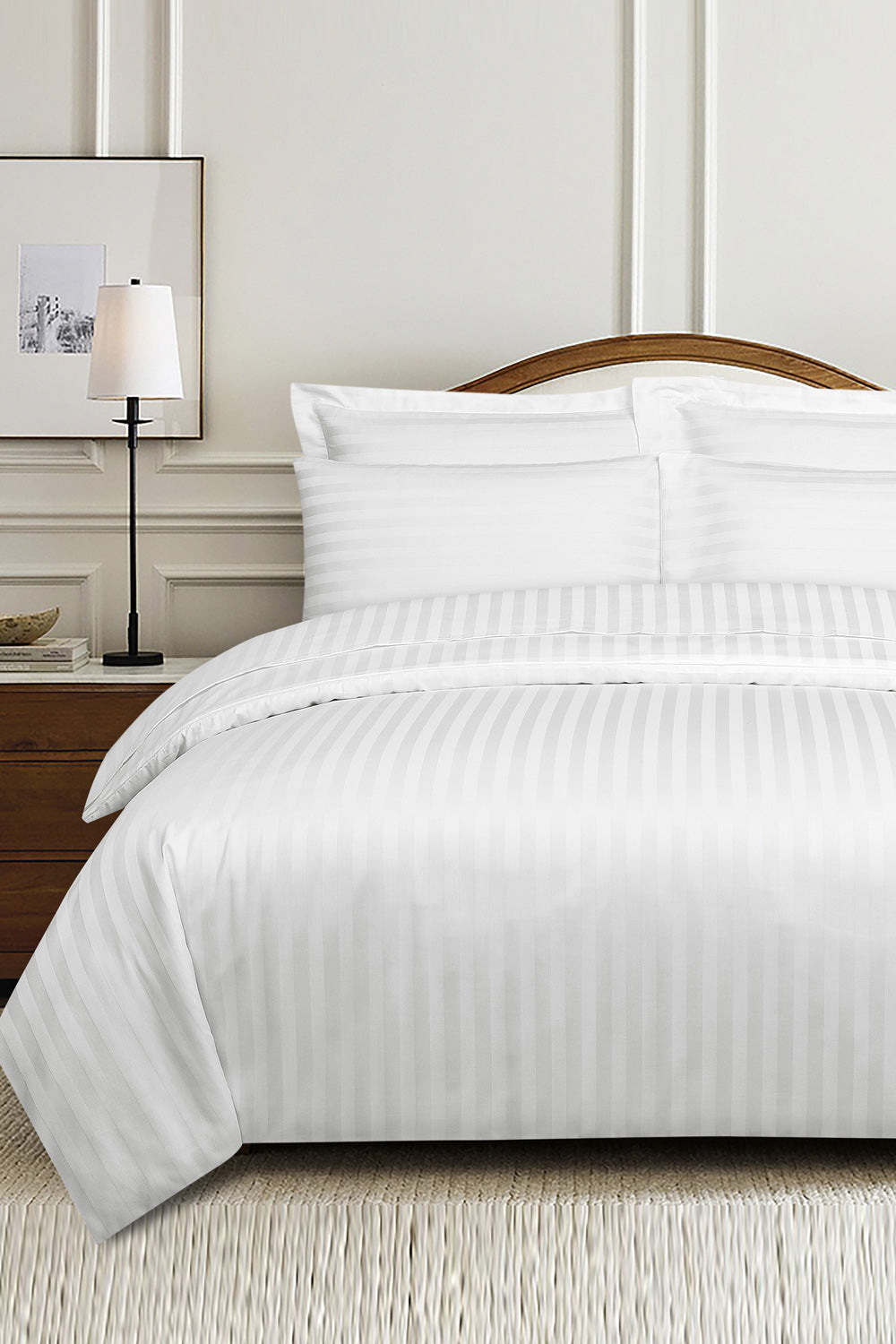 White Stripe Satin Complete Bed Set