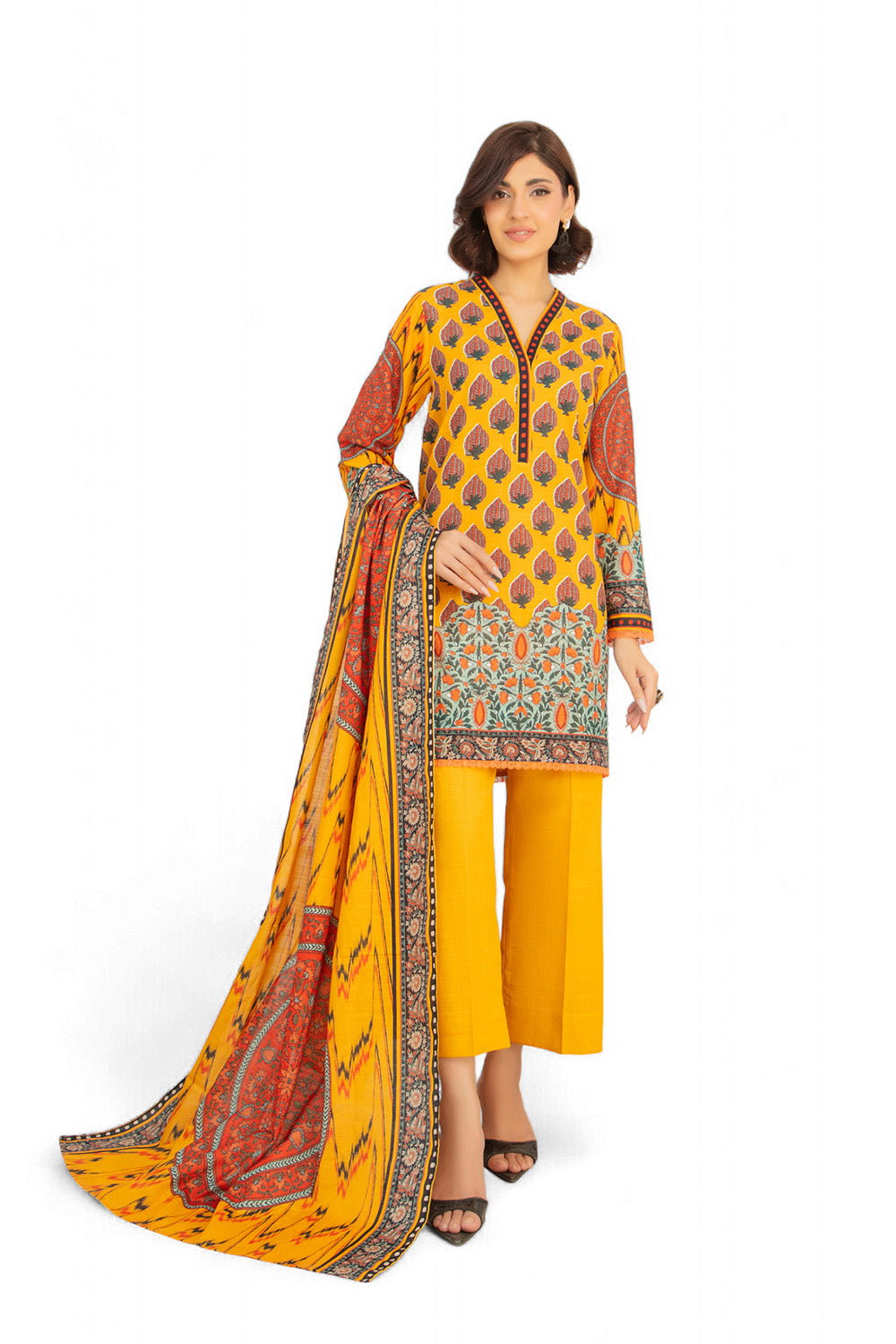 3 Piece Printed Khaddar Suit with Zari Cotton Dupatta SD-52180