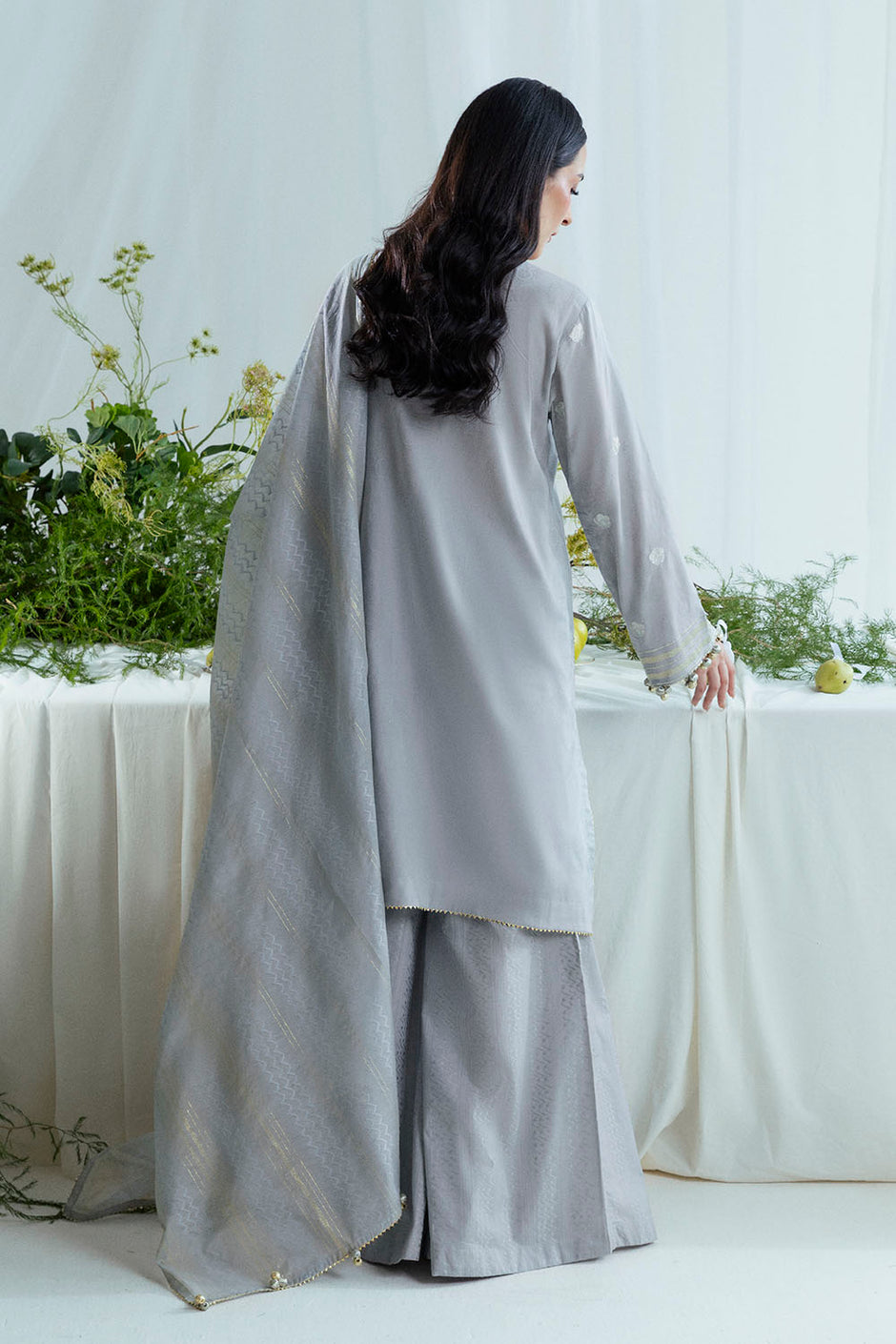 3 Piece Embroidered Self Jacquard Suit with Handwork and Chikan Kari Trouser