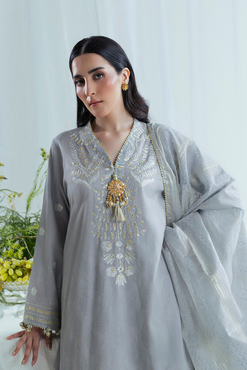 3 Piece Embroidered Self Jacquard Suit with Handwork and Chikan Kari Trouser FE-52045