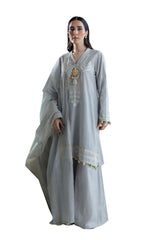 3 Piece Embroidered Self Jacquard Suit with Handwork and Chikan Kari Trouser FE-52045