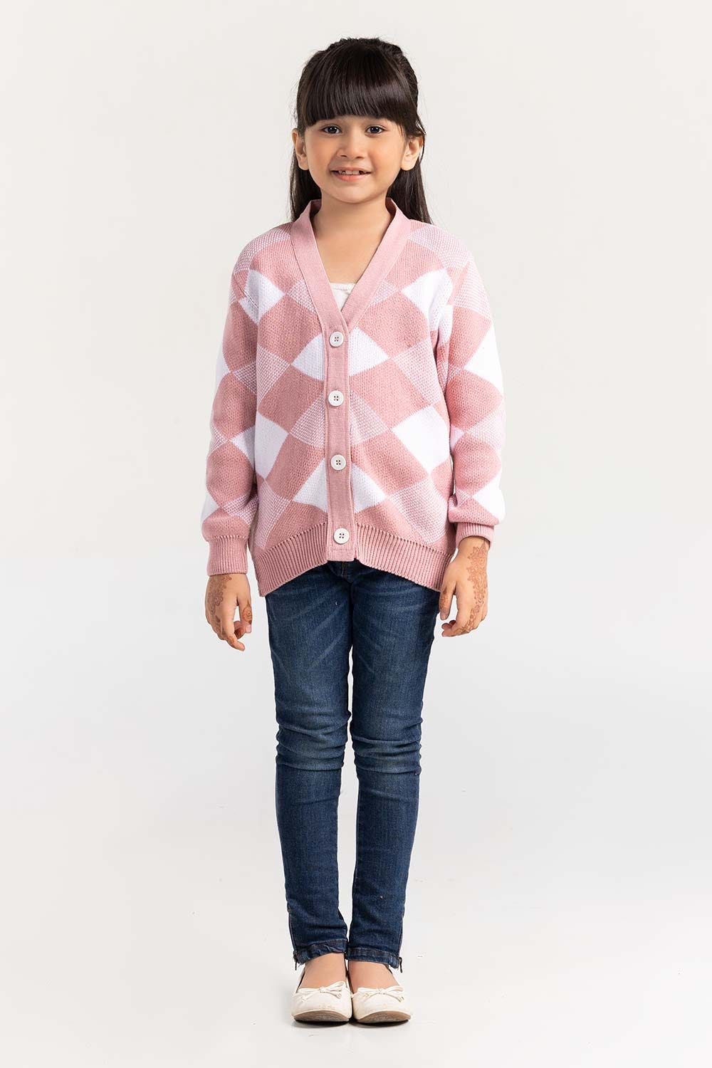 Light Pink-Off-White Cotton Front Open Cardigan SWK-FW21-110