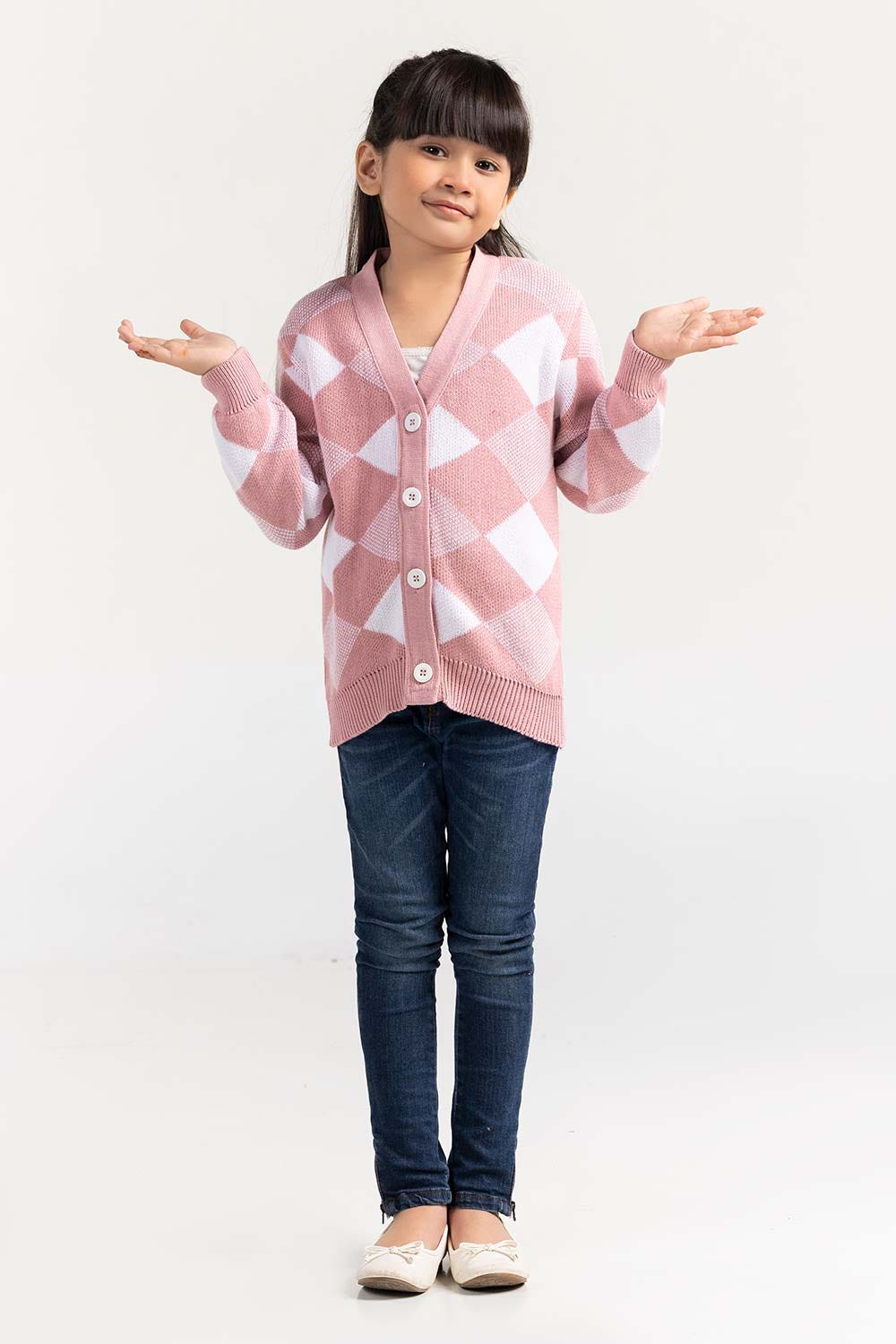 Light Pink-Off-White Cotton Front Open Cardigan SWK-FW21-110