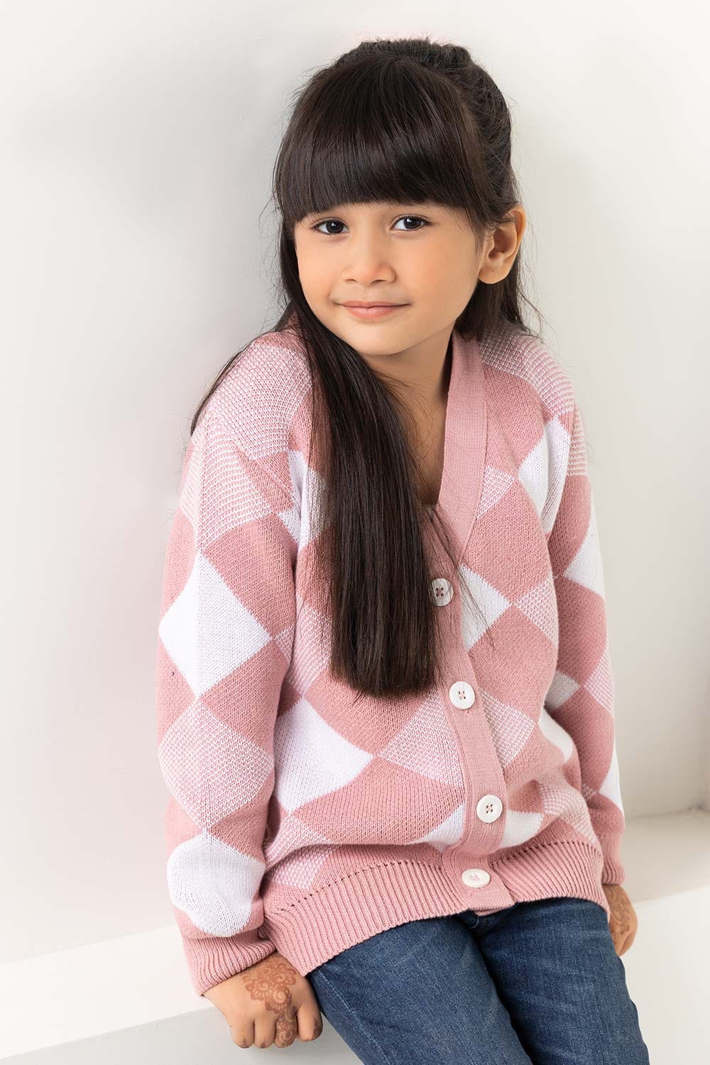 Light Pink-Off-White Cotton Front Open Cardigan SWK-FW21-110