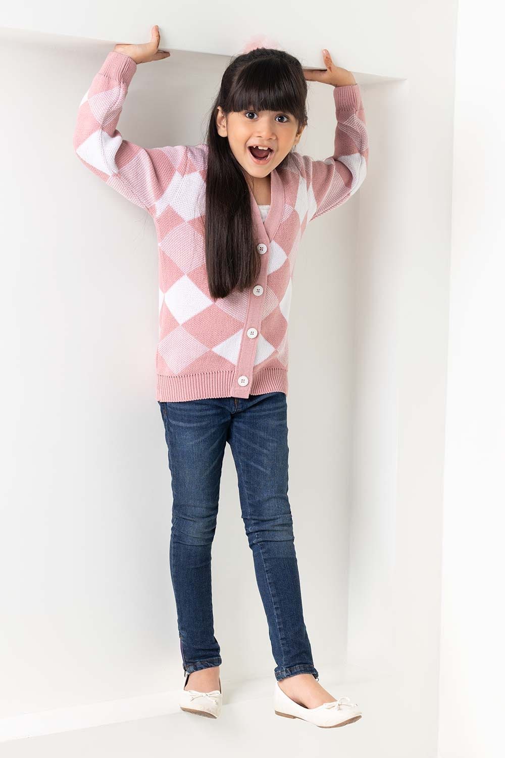 Light Pink-Off-White Cotton Front Open Cardigan SWK-FW21-110