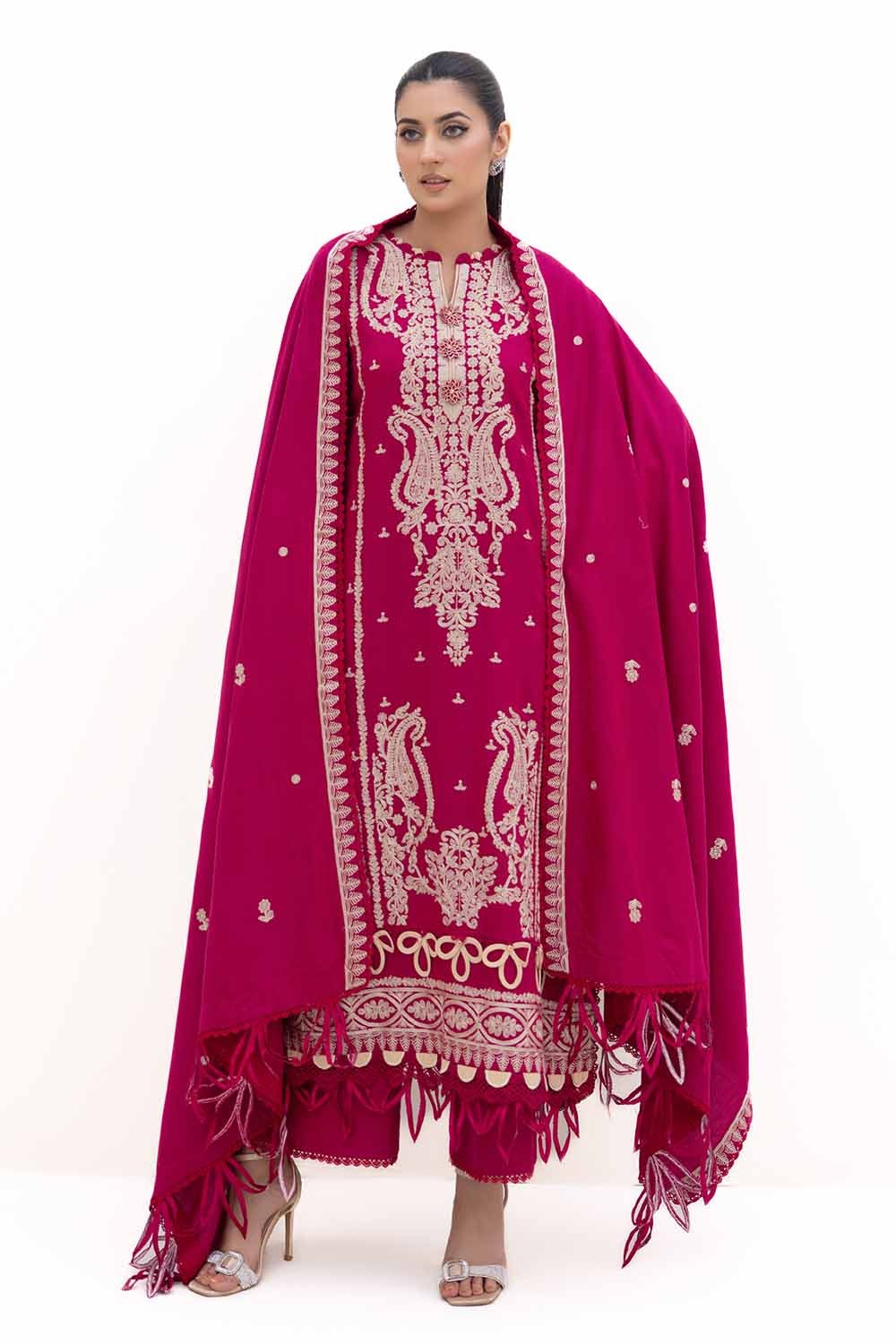 3 Piece Unstitched Embroidered Acrylic Suit with Embroidered Acrylic Dupatta AP-42014
