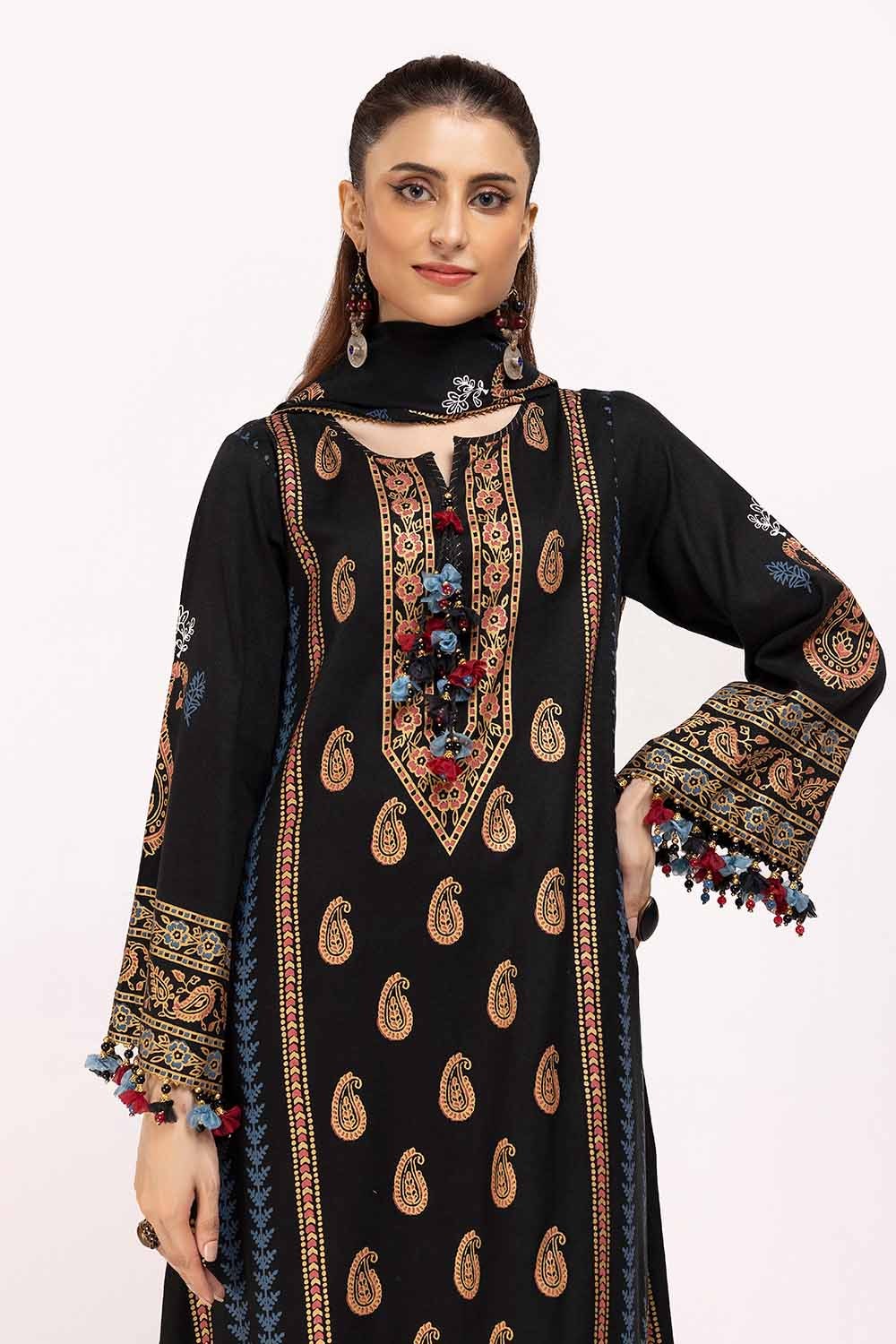 3 Piece Unstitched Gold and Lacquer Printed Suit with Gold and Lacquer Printed Acrylic Dupatta AP-42040
