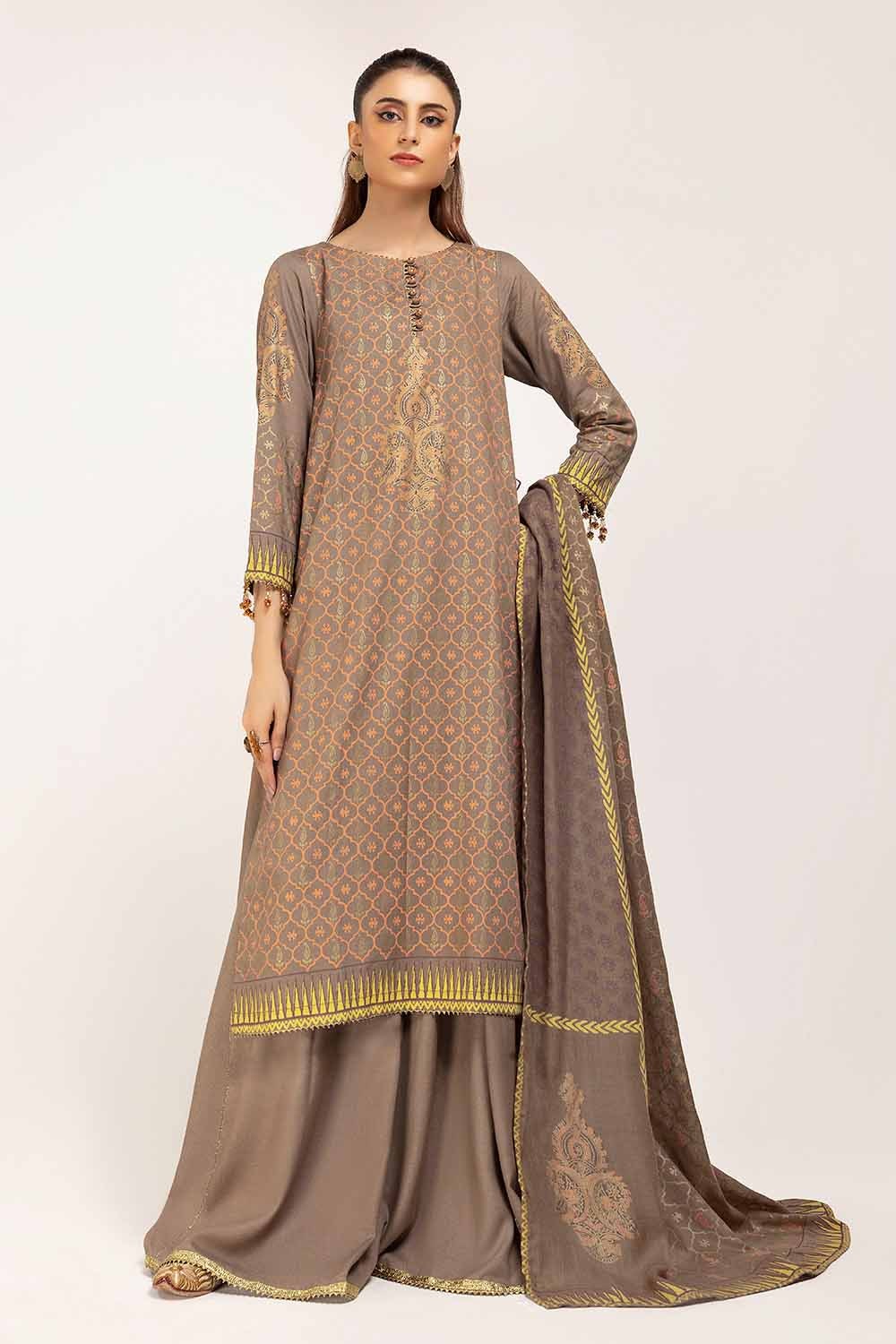 3 Piece Unstitched Gold and Lacquer Printed Suit with Gold and Lacquer Printed Acrylic Dupatta AP-42042