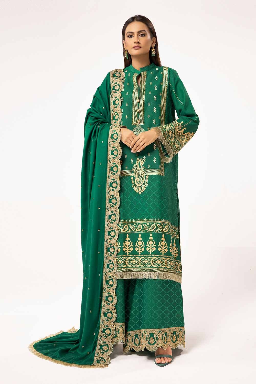 3 Piece Unstitched Gold and Lacquer Printed Karandi Suit with Embroidered Pashmina Shawl AP-42046