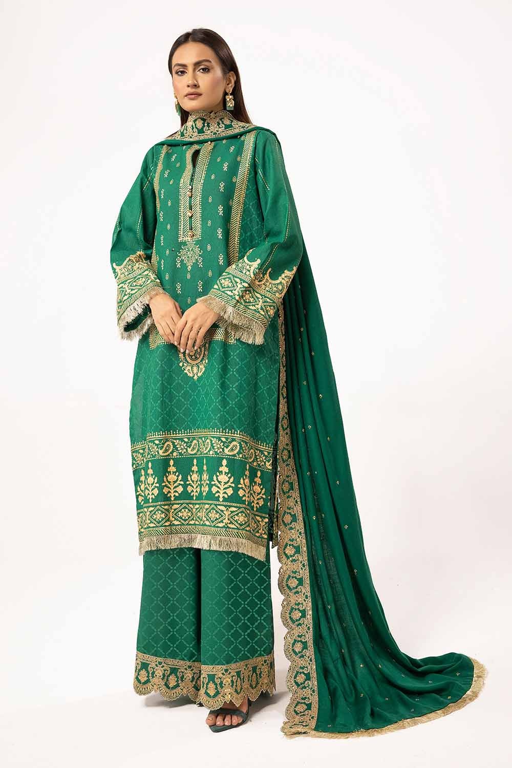 3 Piece Unstitched Gold and Lacquer Printed Karandi Suit with Embroidered Pashmina Shawl AP-42046