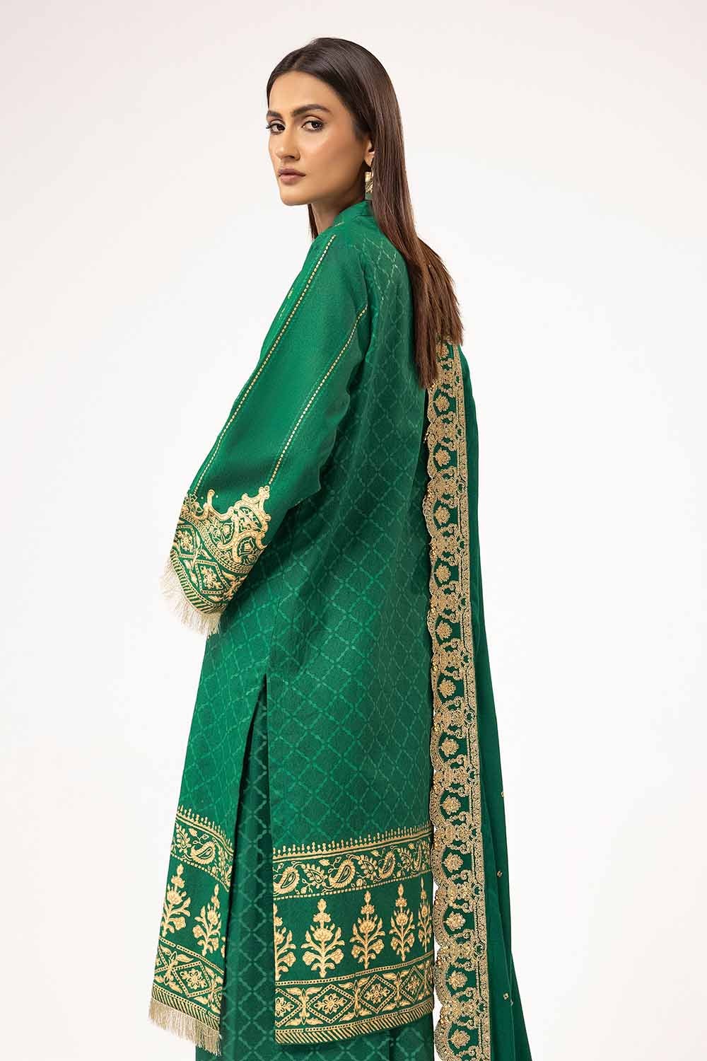 3 Piece Unstitched Gold and Lacquer Printed Karandi Suit with Embroidered Pashmina Shawl AP-42046