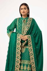3 Piece Unstitched Gold and Lacquer Printed Karandi Suit with Embroidered Pashmina Shawl AP-42046