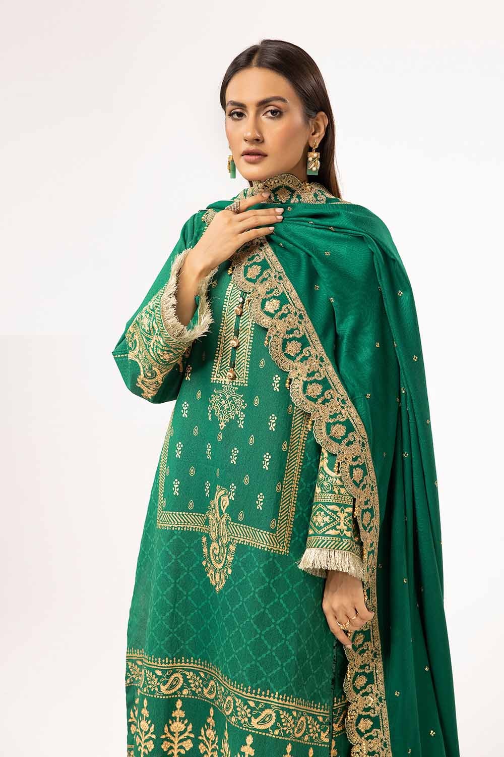 3 Piece Unstitched Gold and Lacquer Printed Karandi Suit with Embroidered Pashmina Shawl AP-42046
