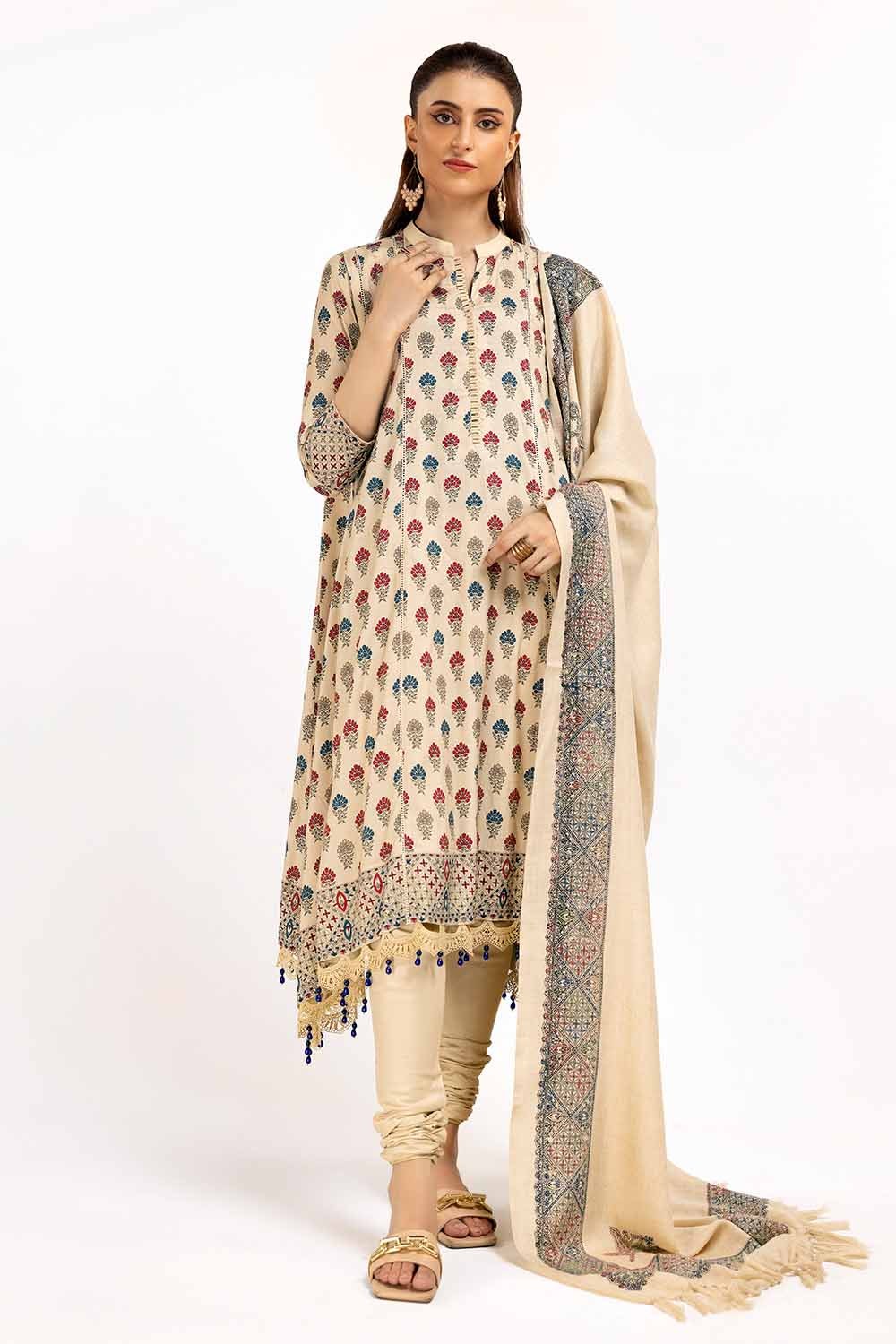 3 Piece Unstitched Printed Linen Suit with Embroidered Printed Pashmina Dupatta AP-42049