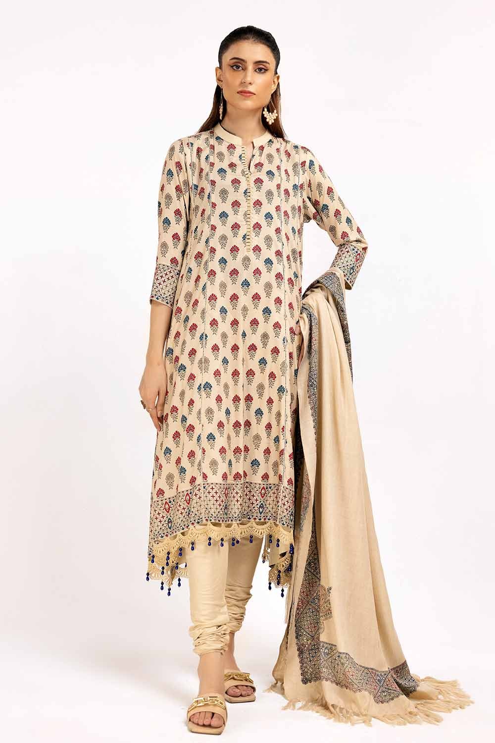 3 Piece Unstitched Printed Linen Suit with Embroidered Printed Pashmina Dupatta AP-42049