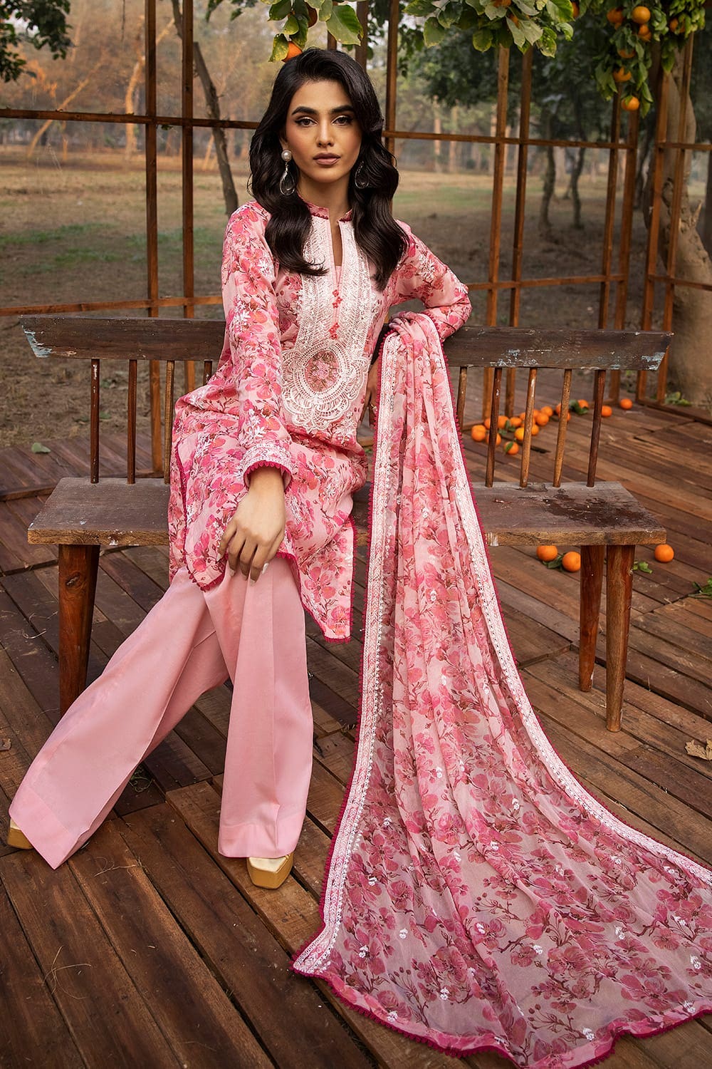 3 Piece Embroidered Printed Lawn Unstitched Suit with Embroidered Printed Chiffon Dupatta