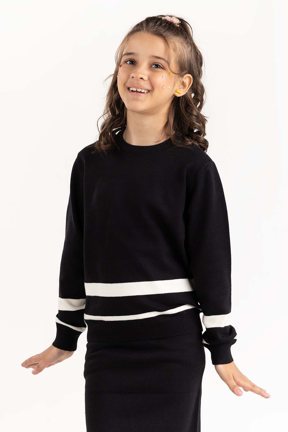Junior Girl Black Striped Knit Sweater 224-416-309