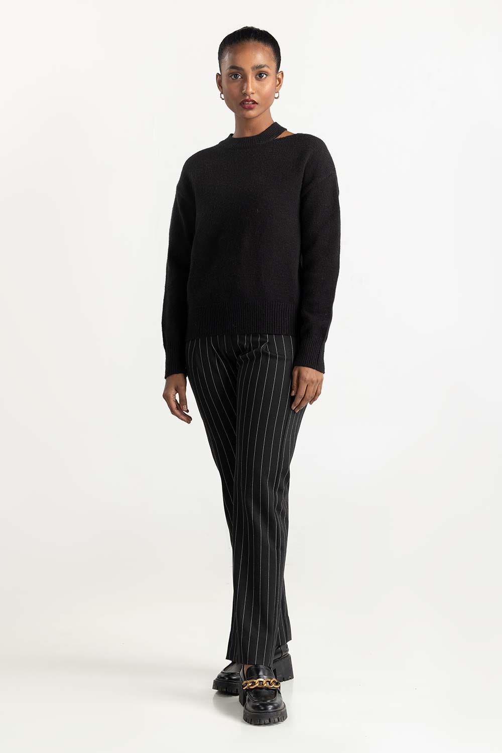 Black Shoulder Cutout Sweater 224-211-022