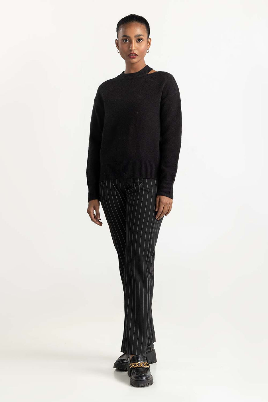 Black Shoulder Cutout Sweater 224-211-022
