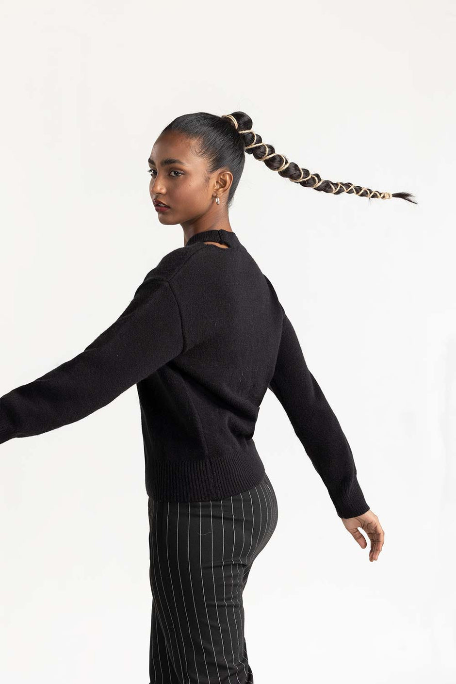Black Shoulder Cutout Sweater 224-211-022