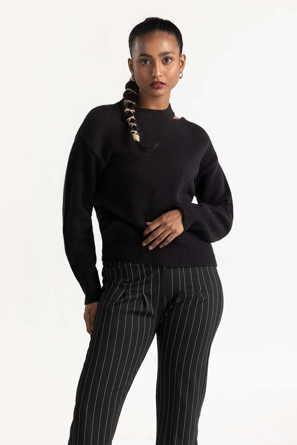 Black Shoulder Cutout Sweater 224-211-022