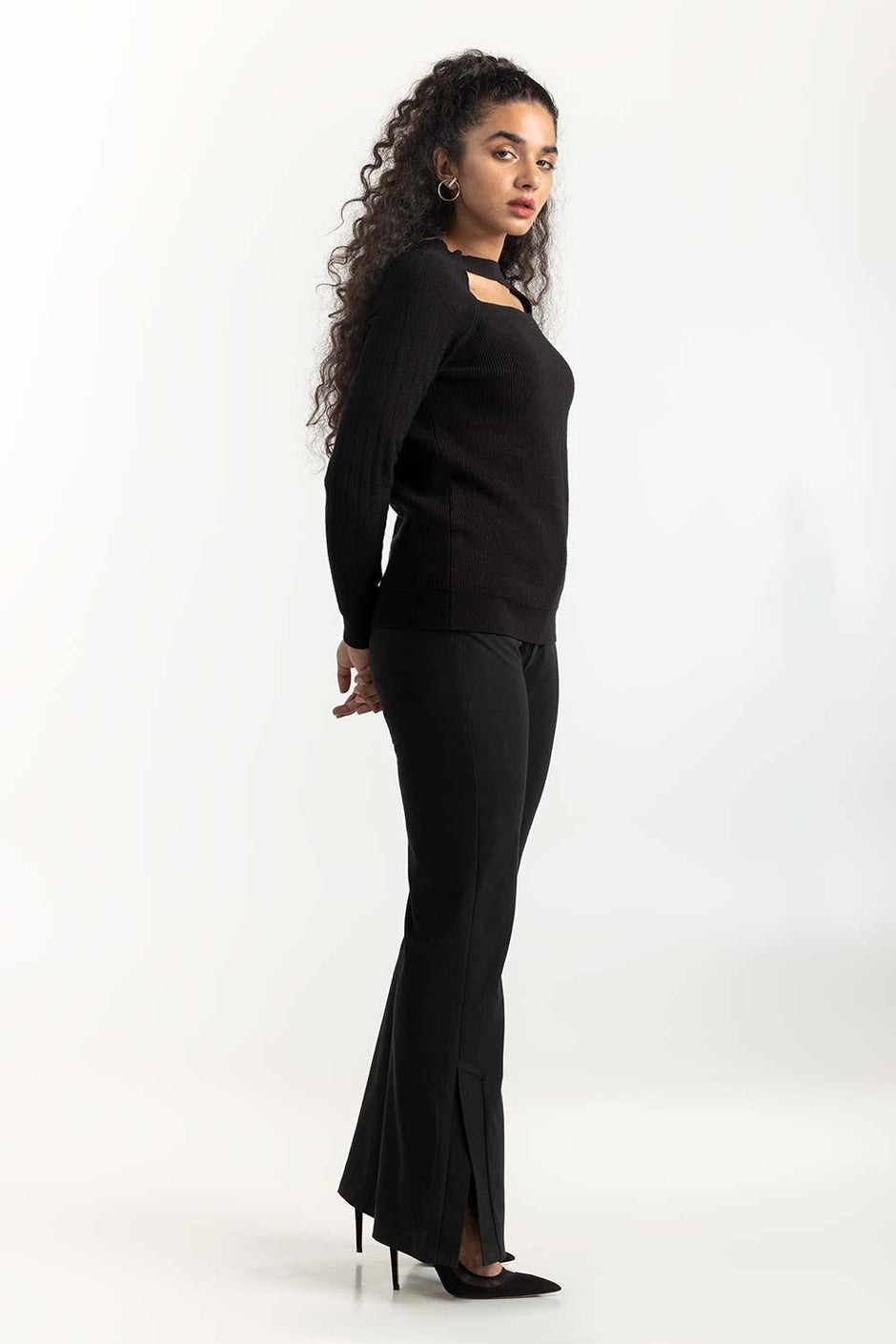 Black Neck Cutout Sweater 224-211-049