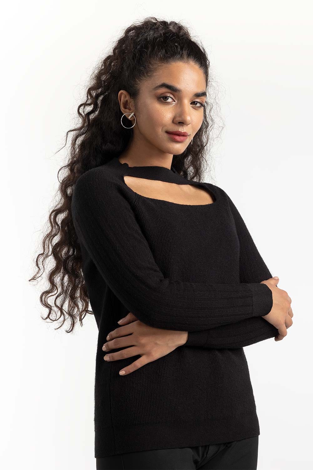 Black Neck Cutout Sweater 224-211-049
