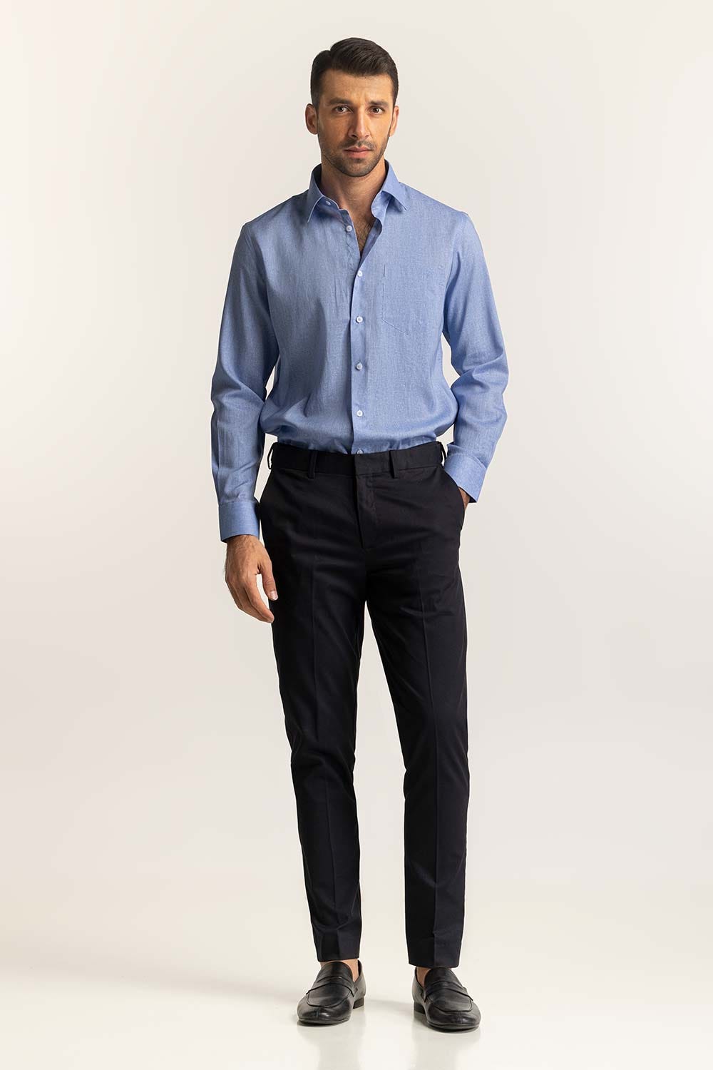 Blue Self Textured Cotton Linen Formal Shirt MN-FS-PD24-074