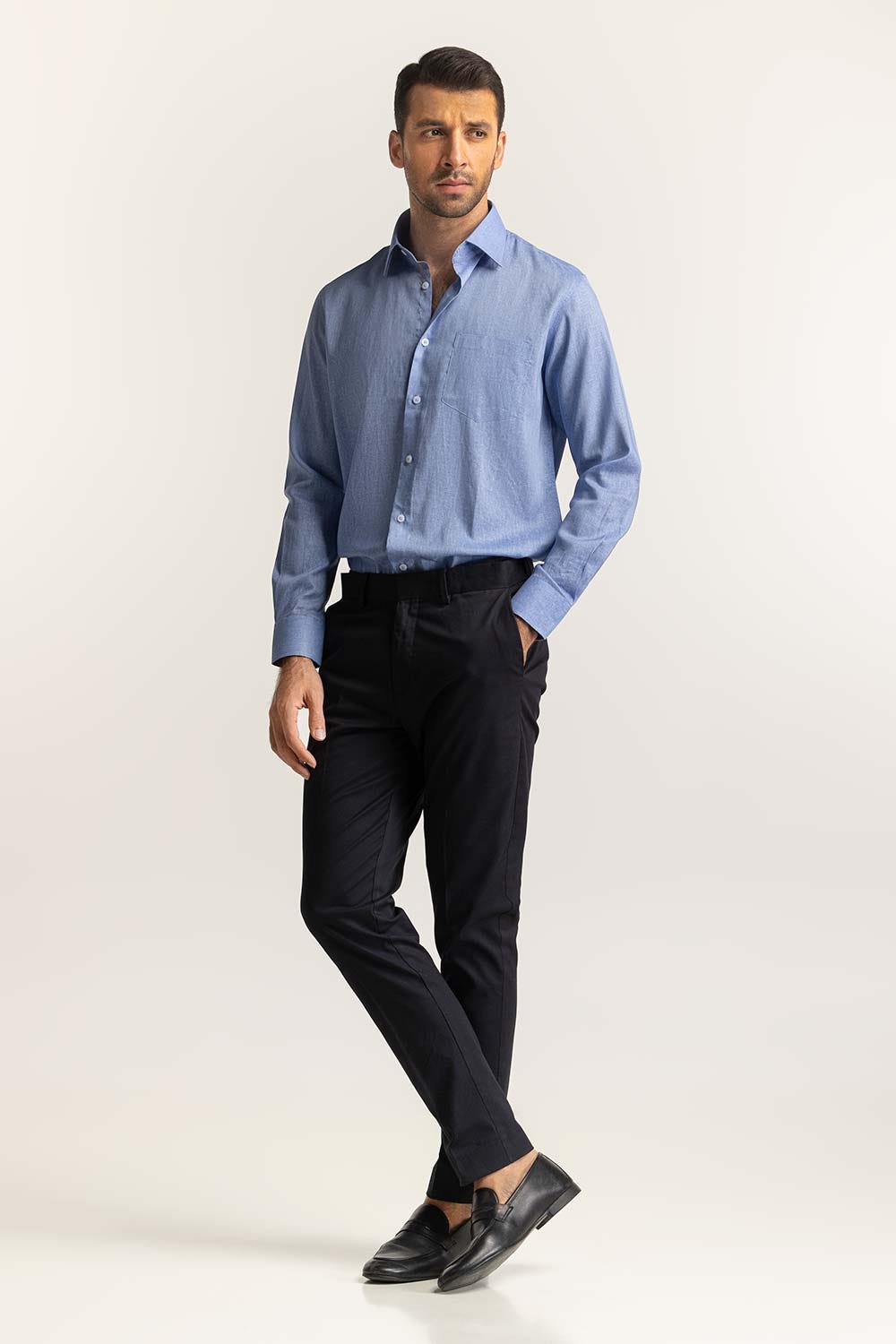 Blue Self Textured Cotton Linen Formal Shirt MN-FS-PD24-074
