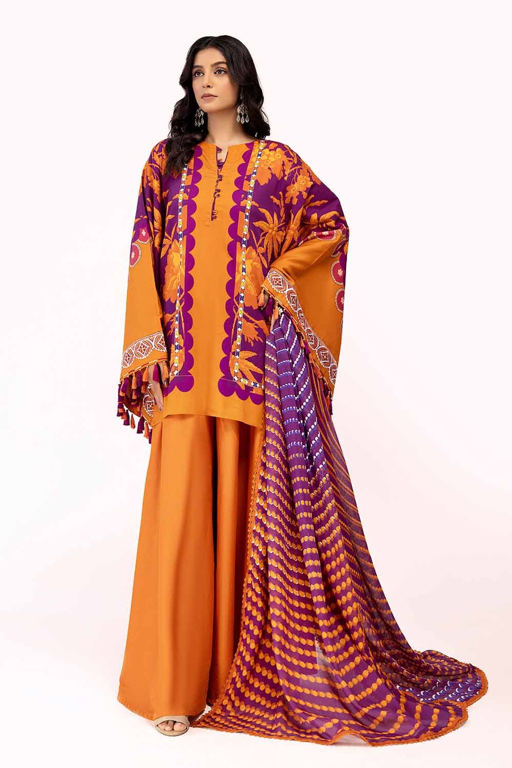 3 Piece Unstitched Embroidered Corduroy Suit with Printed Cotton Net Dupatta
