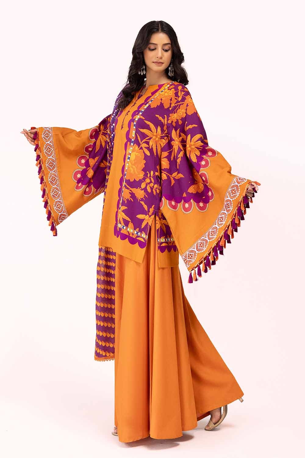 3 Piece Unstitched Embroidered Corduroy Suit with Printed Cotton Net Dupatta