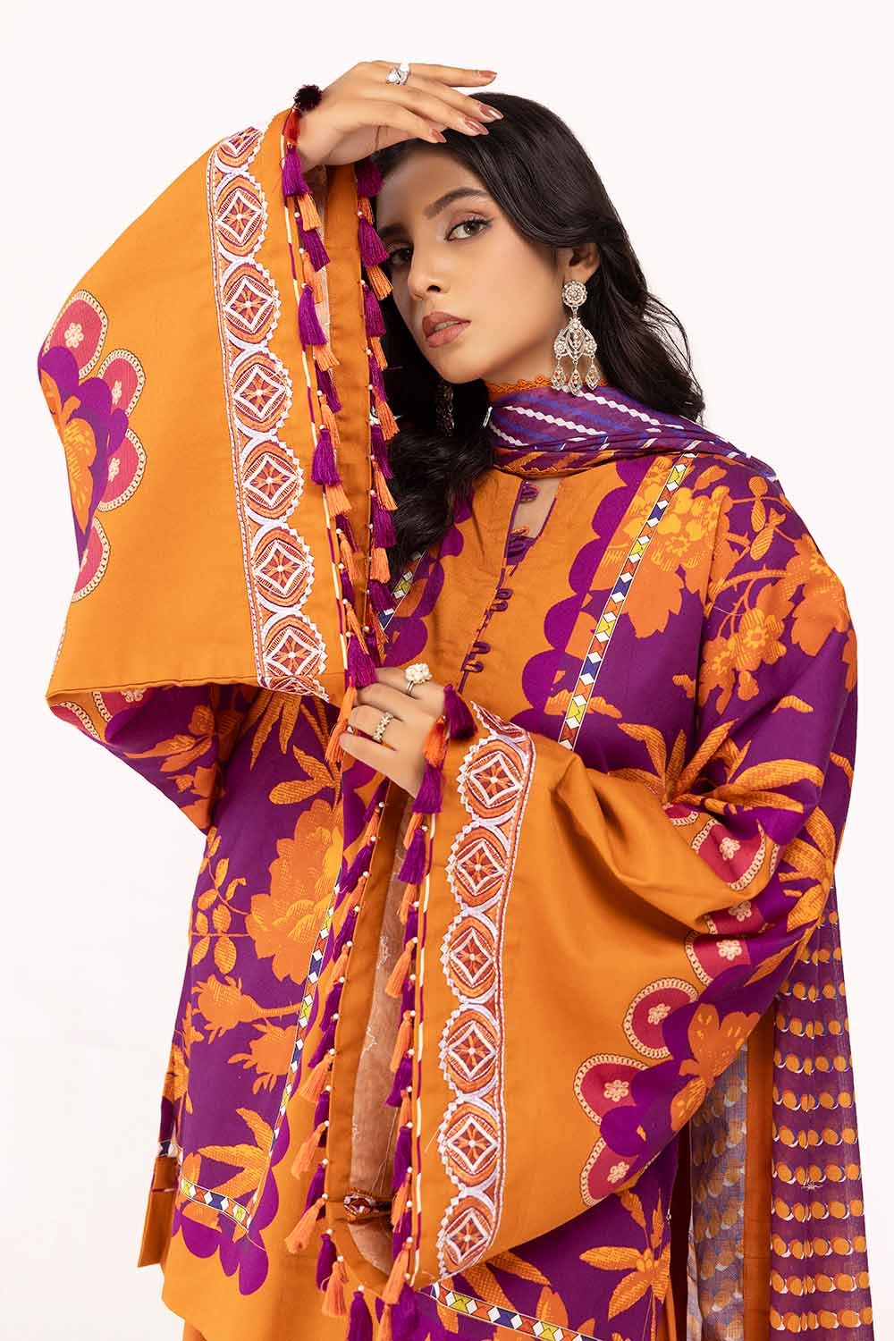 3 Piece Unstitched Embroidered Corduroy Suit with Printed Cotton Net Dupatta