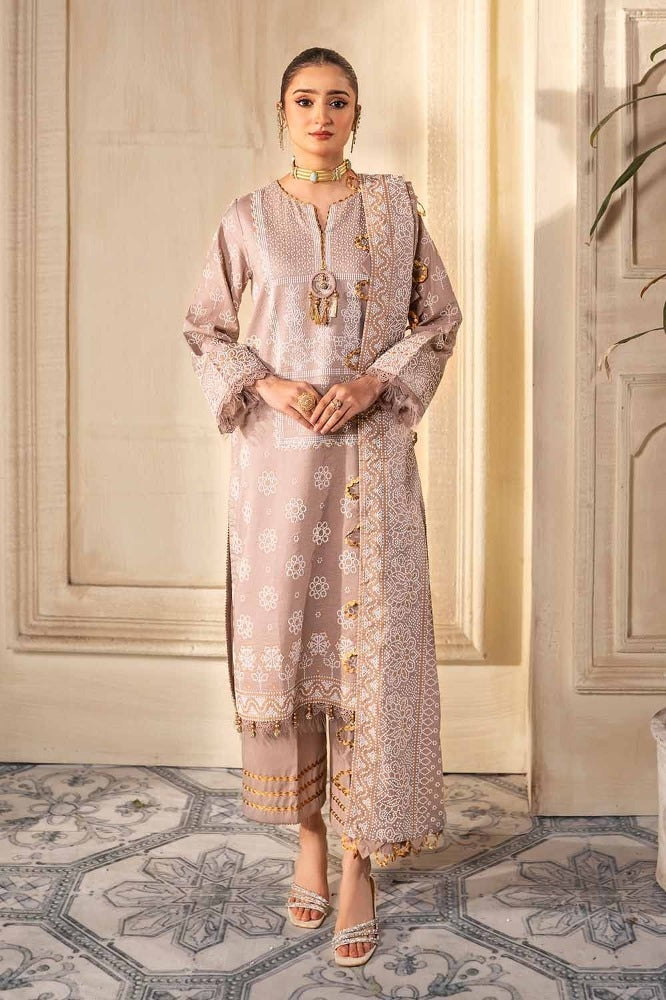 3 Piece Foam and Gold Printed Lawn Unstitched Suit CL-42169 A