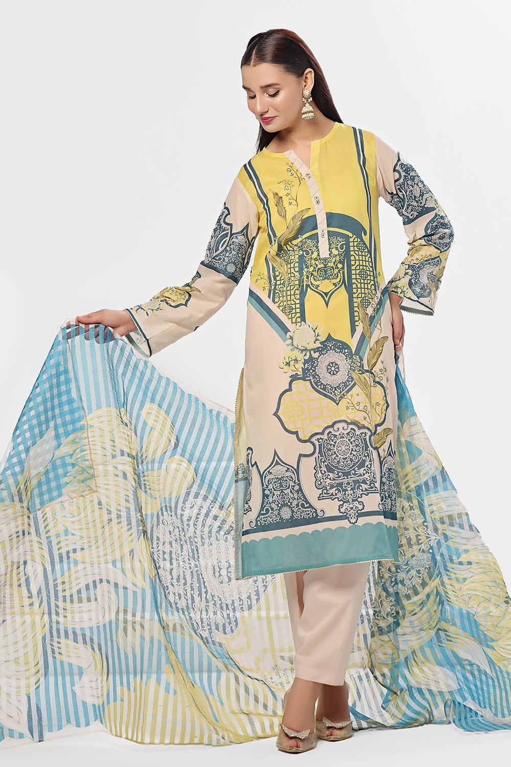3 Piece Unstitched Embroidered Lawn Suit with Slub Stripe Dupatta Dupatta