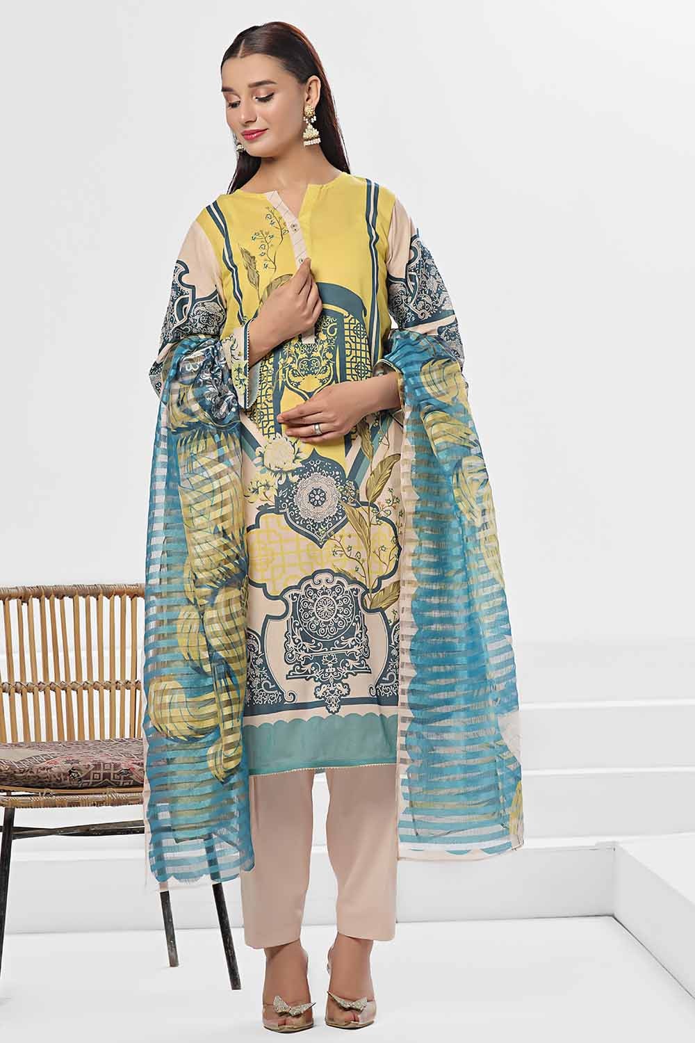 3 Piece Unstitched Embroidered Lawn Suit with Slub Stripe Dupatta Dupatta